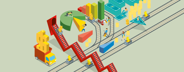 Ilustración sobre medios de transporte y signos de monedas 